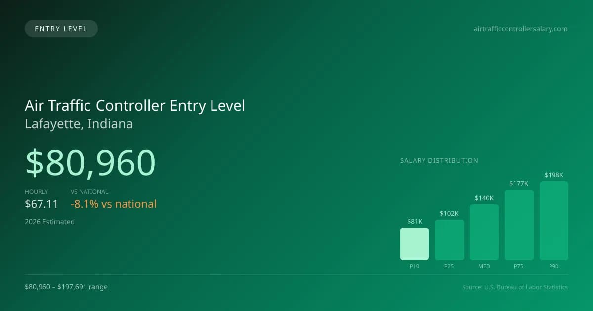 Air Traffic Controller Entry Level Salary in Lafayette, IN — 2026 est., based on 2025 BLS
