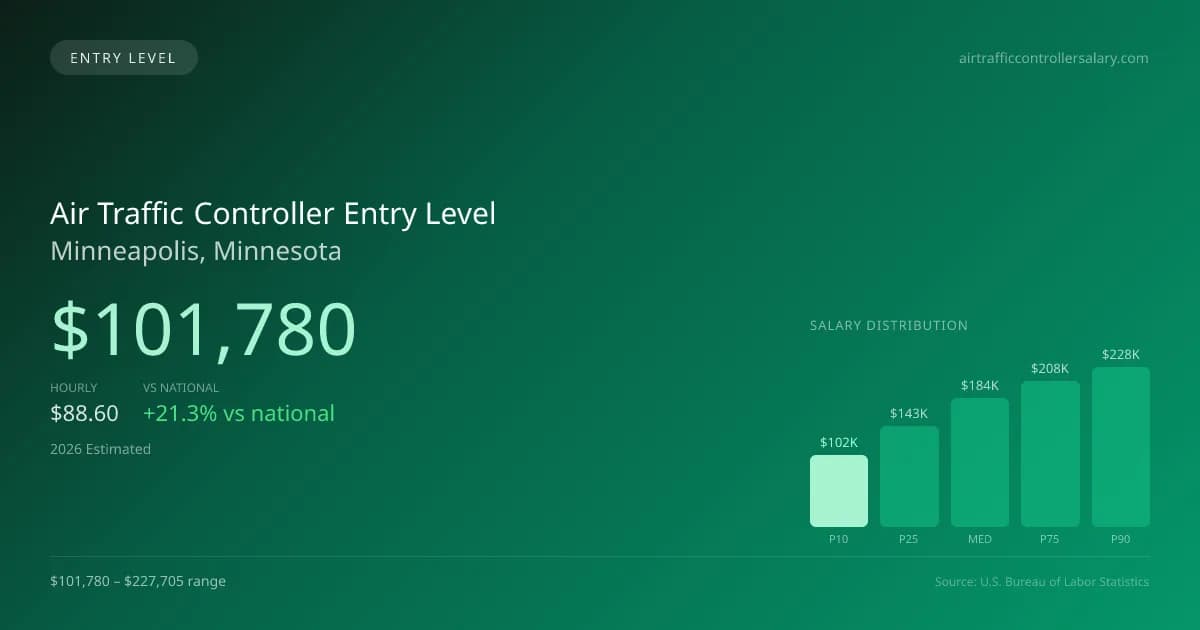 Air Traffic Controller Entry Level Salary in Minneapolis, MN — 2026 est., based on 2025 BLS
