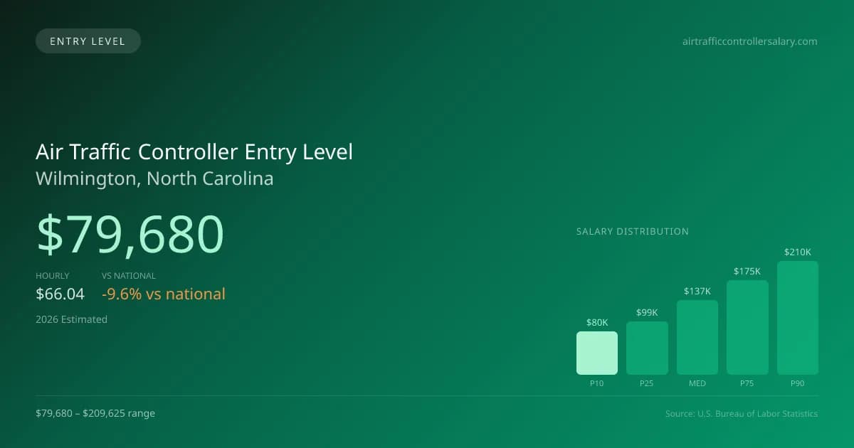 Air Traffic Controller Entry Level Salary in Wilmington, NC — 2026 est., based on 2025 BLS