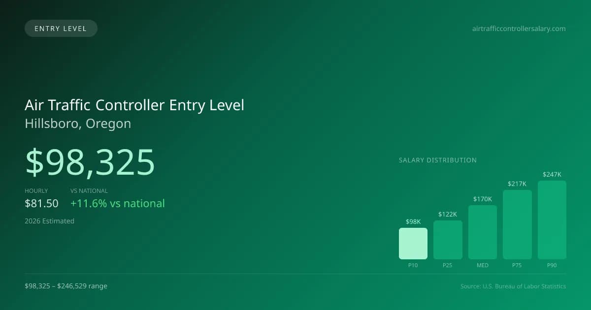 Air Traffic Controller Entry Level Salary in Hillsboro, OR — 2026 est., based on 2025 BLS