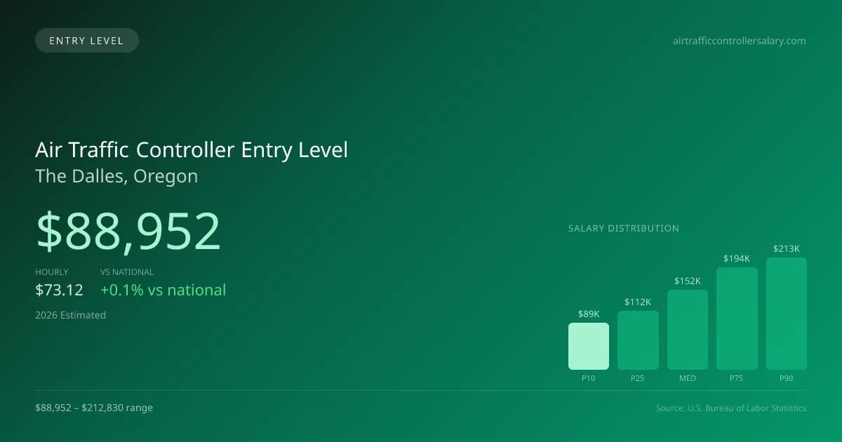 Air Traffic Controller Entry Level Salary in The Dalles, OR — 2026 est., based on 2025 BLS