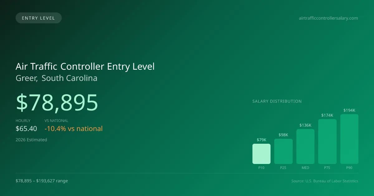 Air Traffic Controller Entry Level Salary in Greer, SC — 2026 est., based on 2025 BLS