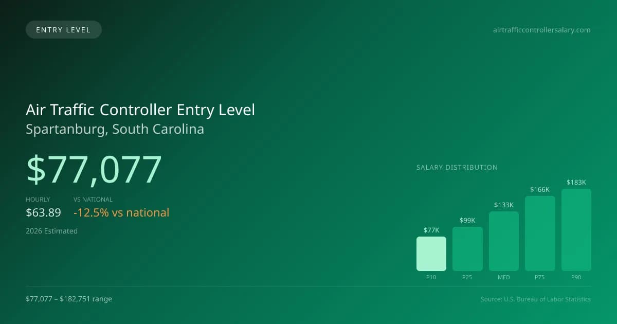 Air Traffic Controller Entry Level Salary in Spartanburg, SC — 2026 est., based on 2025 BLS