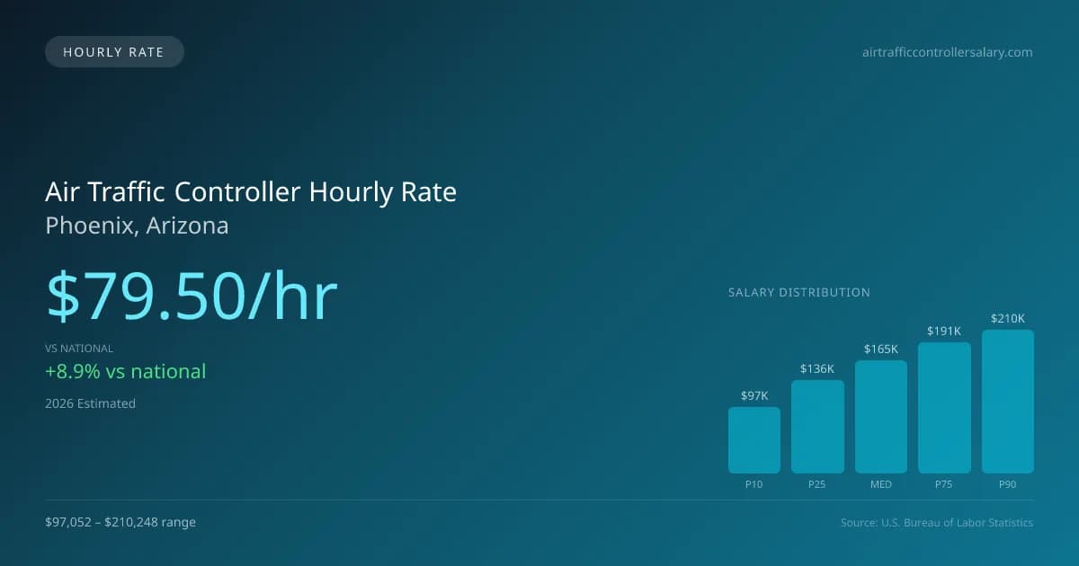 Air Traffic Controller Hourly Rate in Phoenix, AZ — 2026 est., based on 2025 BLS