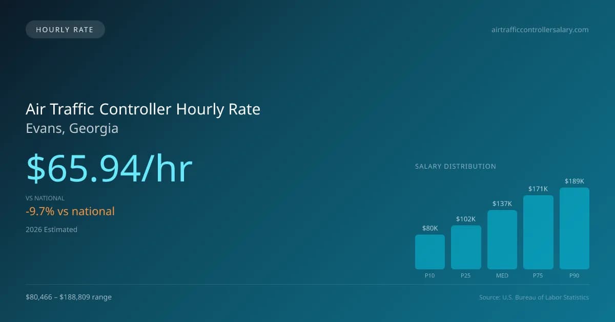 Air Traffic Controller Hourly Rate in Evans, GA — 2026 est., based on 2025 BLS