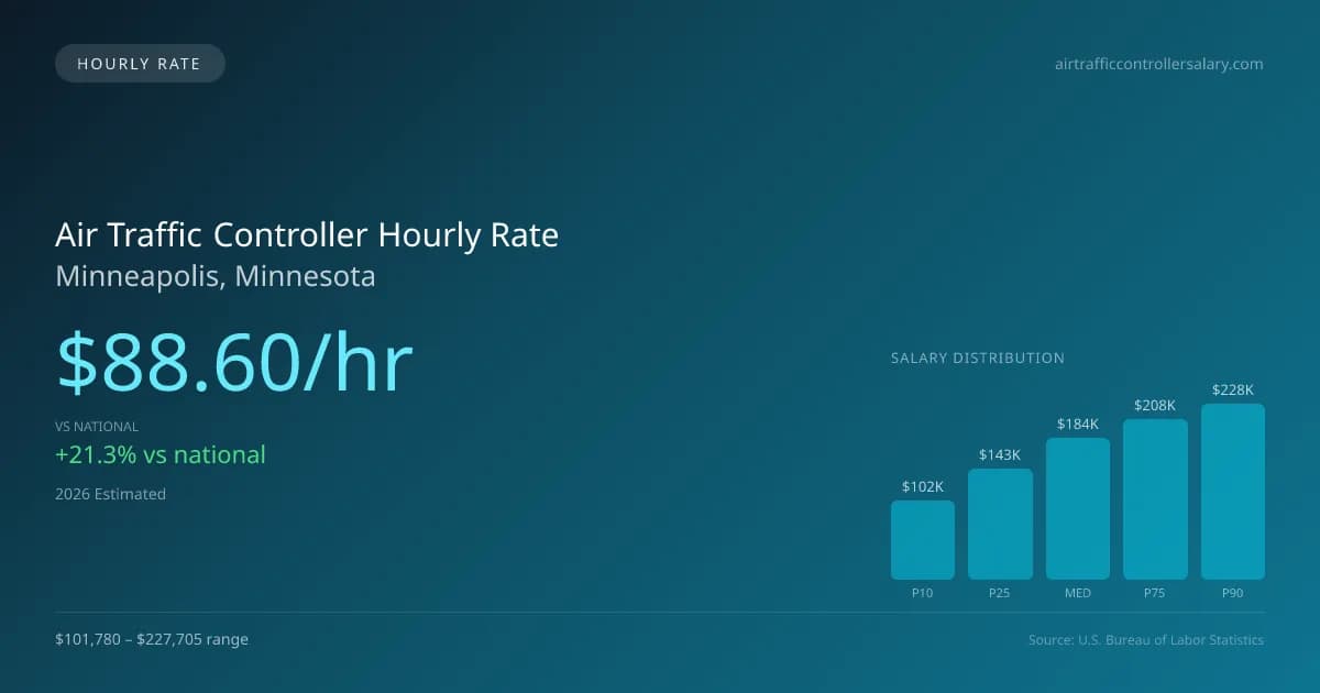 Air Traffic Controller Hourly Rate in Minneapolis, MN — 2026 est., based on 2025 BLS