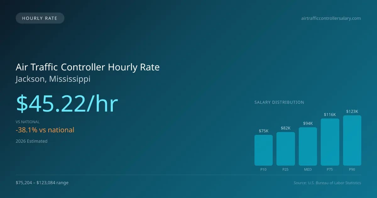 Air Traffic Controller Hourly Rate in Jackson, MS — 2026 est., based on 2025 BLS