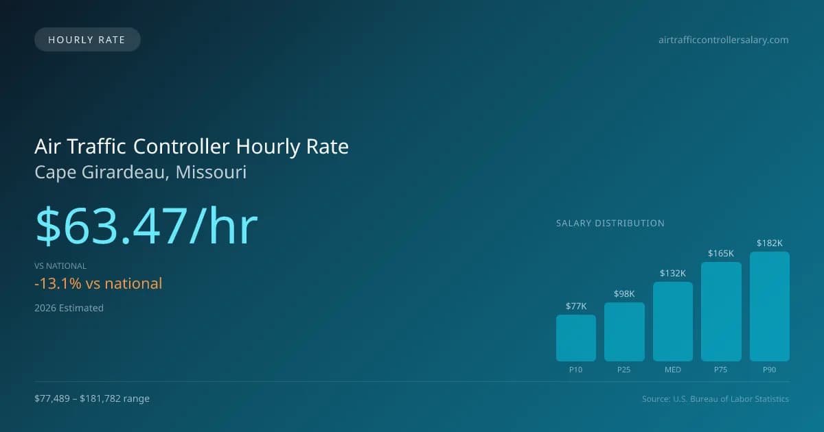 Air Traffic Controller Hourly Rate in Cape Girardeau, MO — 2026 est., based on 2025 BLS