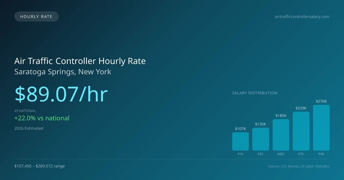 Air Traffic Controller Hourly Rate in Saratoga Springs, NY — 2026 est., based on 2025 BLS