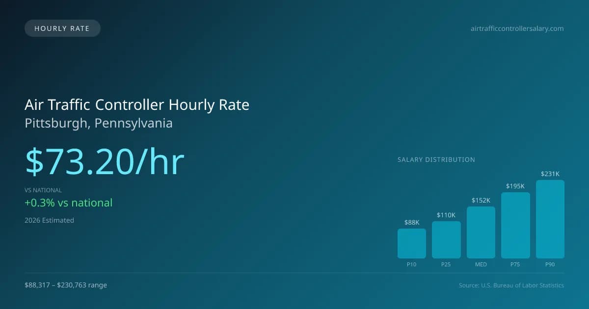 Air Traffic Controller Hourly Rate in Pittsburgh, PA — 2026 est., based on 2025 BLS