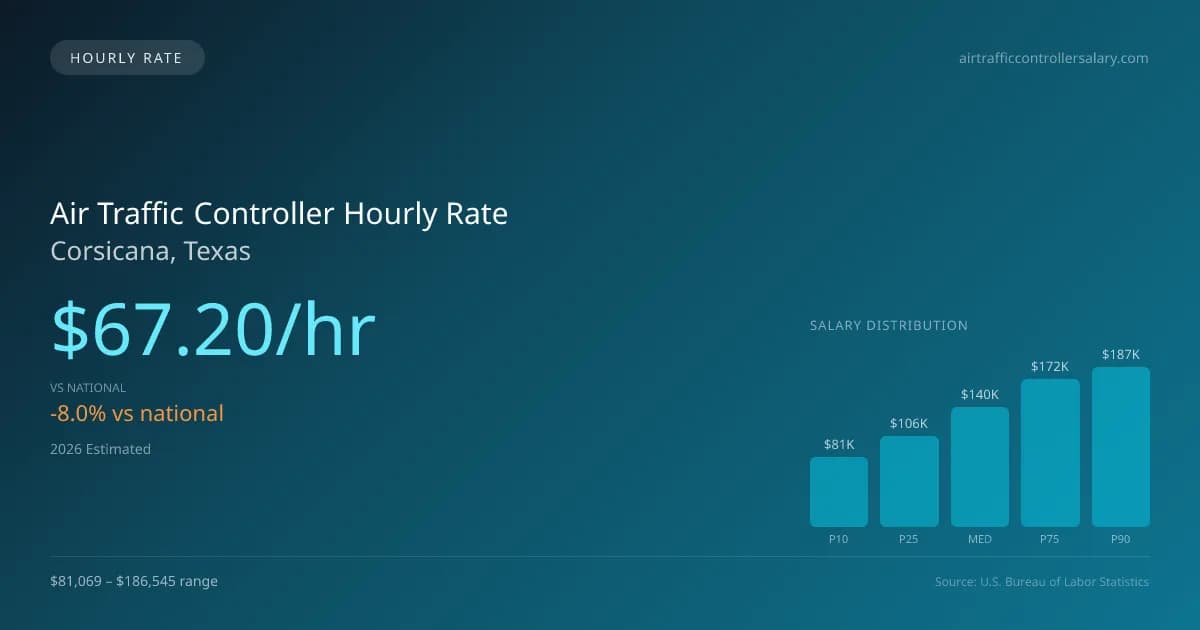 Air Traffic Controller Hourly Rate in Corsicana, TX — 2026 est., based on 2025 BLS