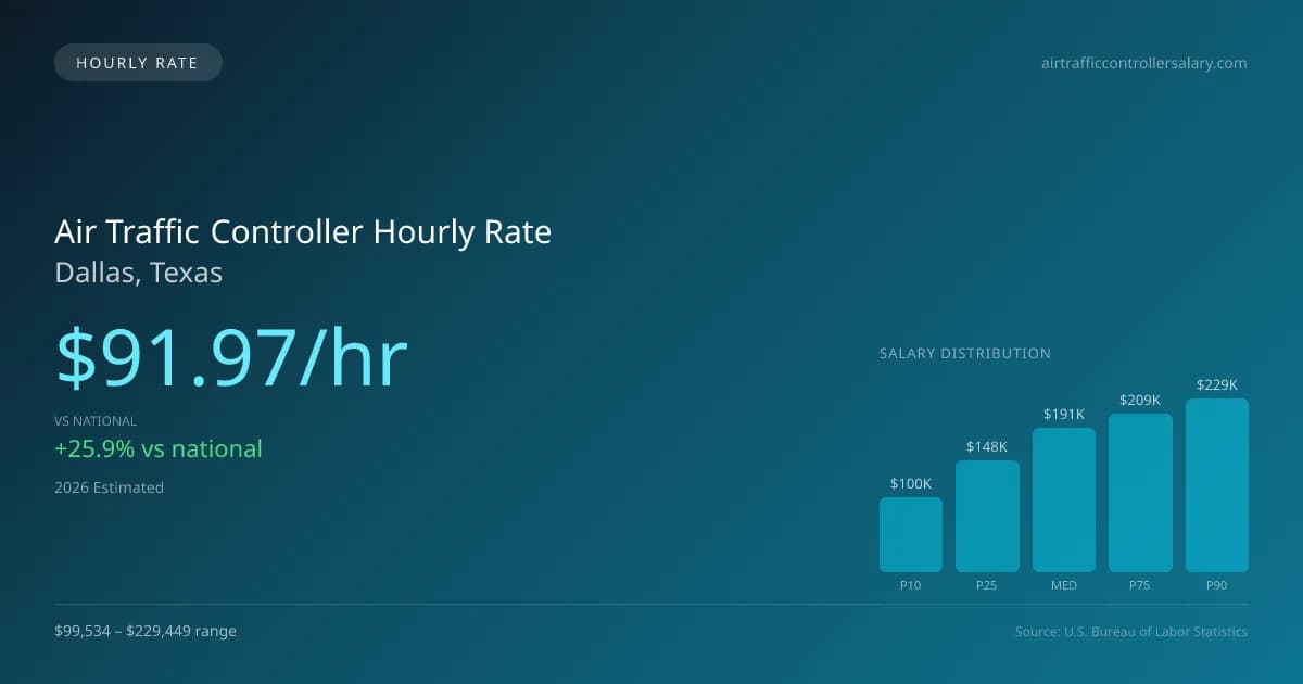 Air Traffic Controller Hourly Rate in Dallas, TX — 2026 est., based on 2025 BLS