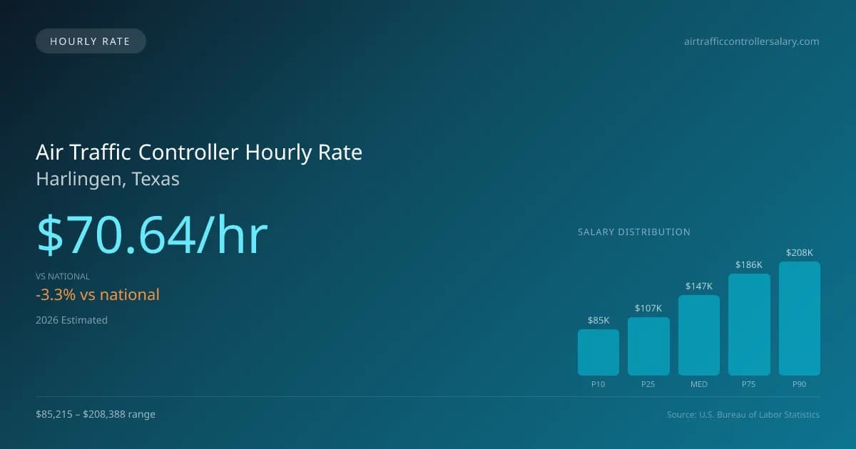 Air Traffic Controller Hourly Rate in Harlingen, TX — 2026 est., based on 2025 BLS