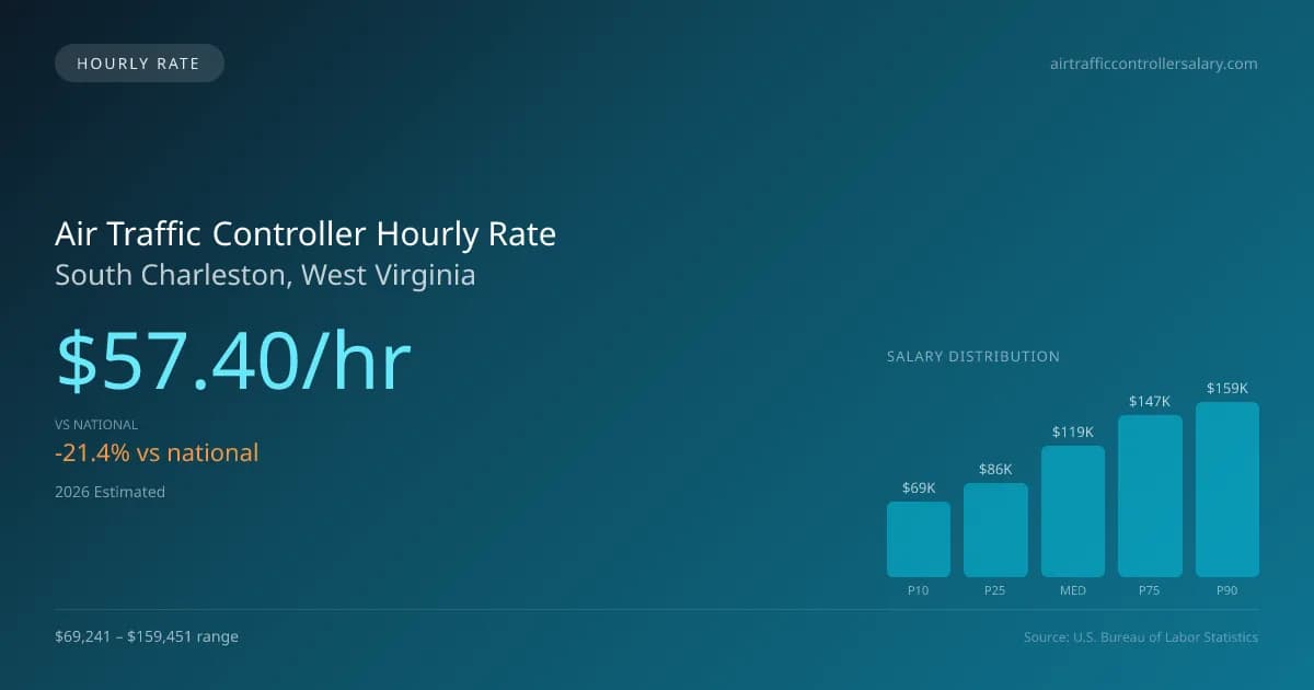 Air Traffic Controller Hourly Rate in South Charleston, WV — 2026 est., based on 2025 BLS