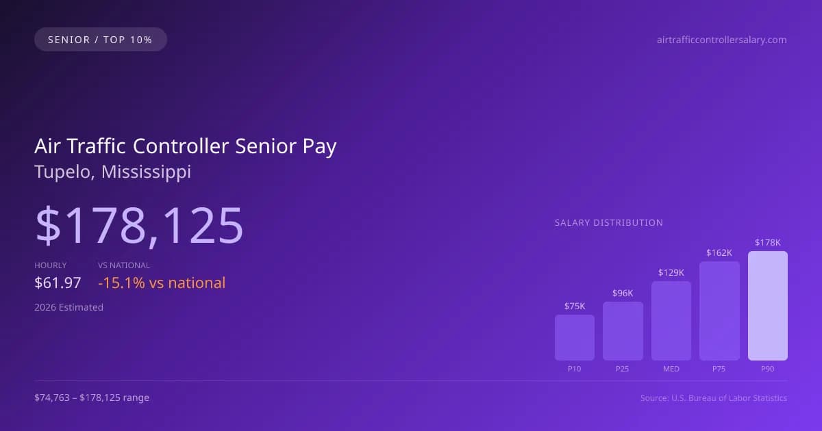 Air Traffic Controller Senior Salary in Tupelo, MS — 2026 est., based on 2025 BLS