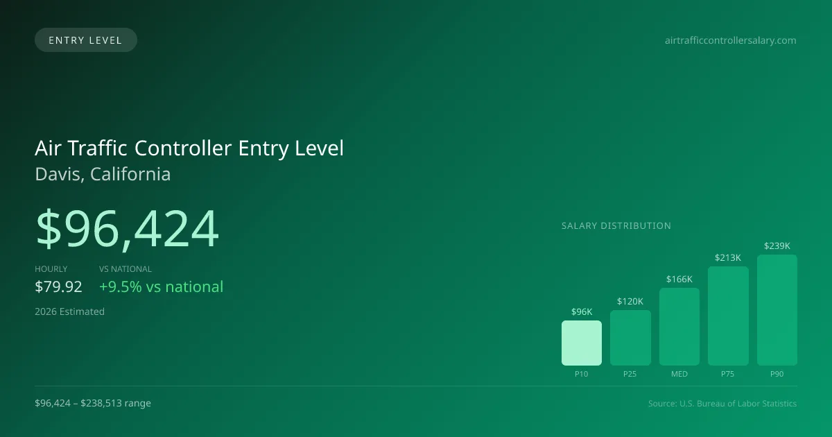 Air Traffic Controller Entry Level Salary in Davis, CA — 2026 est., based on 2025 BLS