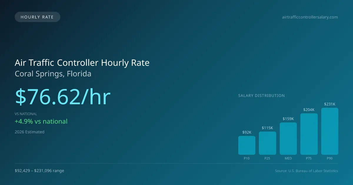 Air Traffic Controller Hourly Rate in Coral Springs, FL — 2026 est., based on 2025 BLS