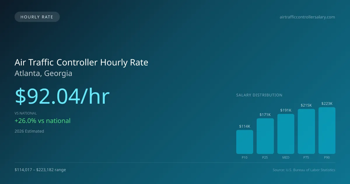Air Traffic Controller Hourly Rate in Atlanta, GA — 2026 est., based on 2025 BLS