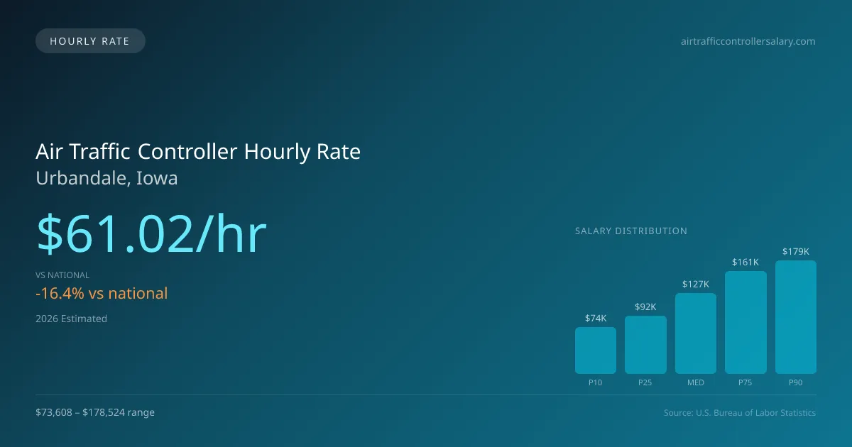Air Traffic Controller Hourly Rate in Urbandale, IA — 2026 est., based on 2025 BLS