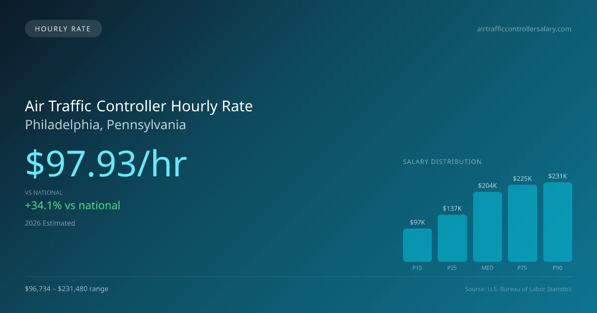 Air Traffic Controller Hourly Rate in Philadelphia, PA — 2026 est., based on 2025 BLS