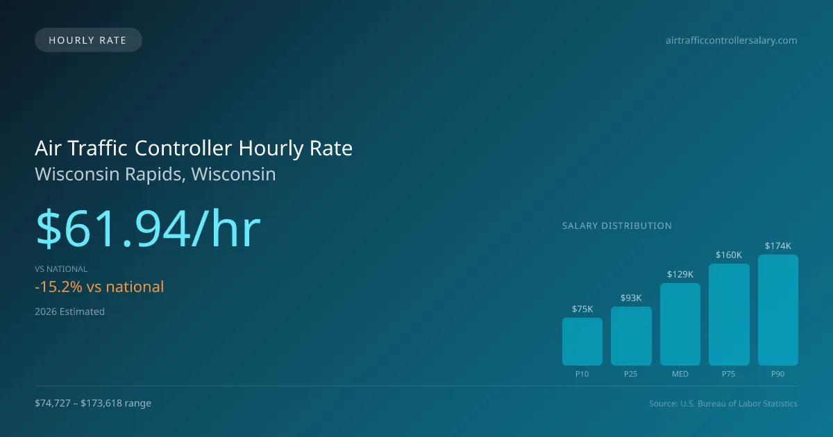 Air Traffic Controller Hourly Rate in Wisconsin Rapids, WI — 2026 est., based on 2025 BLS