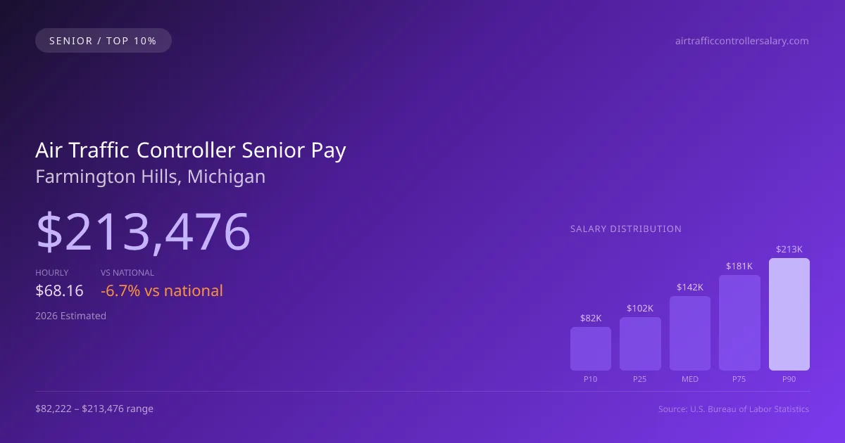 Air Traffic Controller Senior Salary in Farmington Hills, MI — 2026 est., based on 2025 BLS
